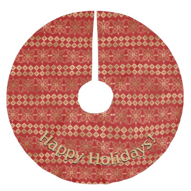 Modern Gold & Red Pattern Customizable Message Brushed Polyester Tree Skirt (Front)
