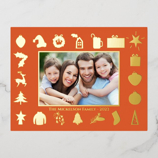 Modern Gold Red Photo Christmas Foil Holiday Postcard (Front)