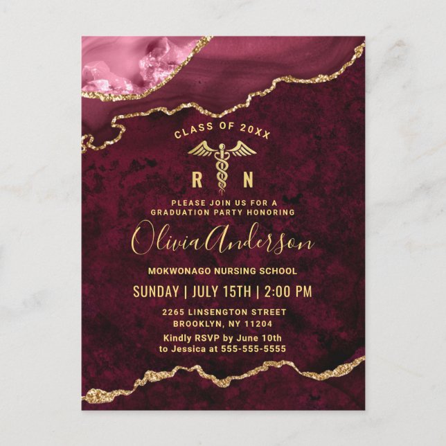 Modern Gold Red RN Graduation Party Invitation Postcard (Front)