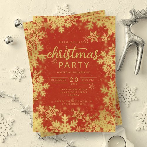 Modern Gold Red Snowflakes Company Christmas  Invitation