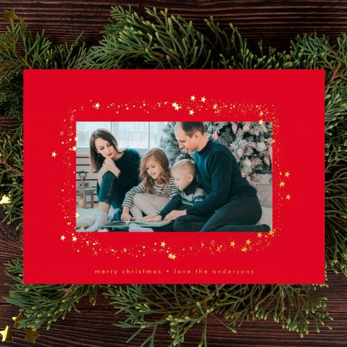 modern gold red stars christmas photo frame foil holiday card