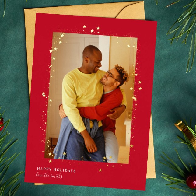 Modern Gold Red Stars Frame Christmas Photo Foil Holiday Card (Creator Uploaded)