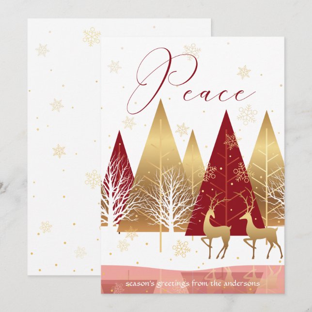 Modern Gold Red Trees Deer Peace Holiday Greeting Invitation (Front/Back)