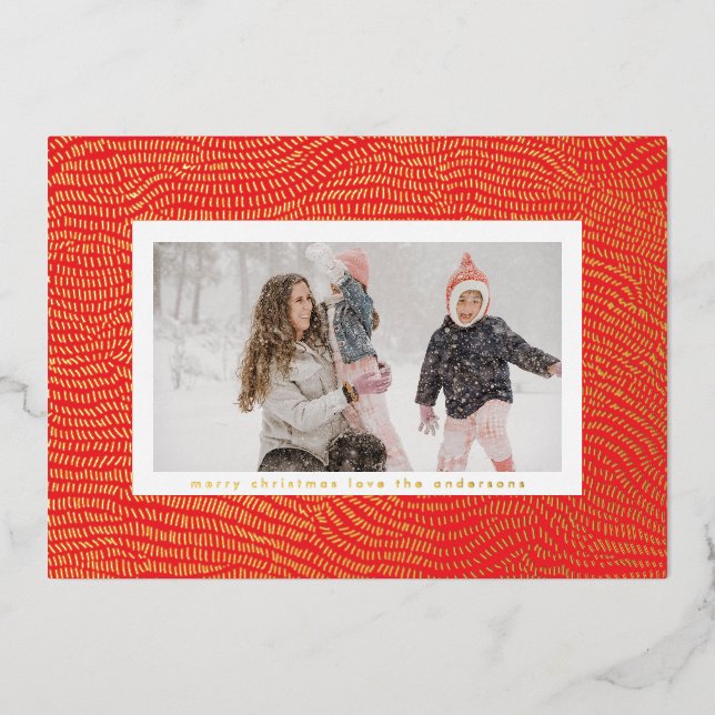 Modern Gold Red White Christmas Frame Photo Happy Foil Holiday Card (Front)