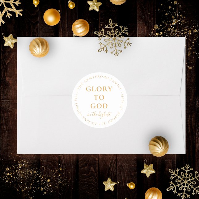 Modern Gold Religious Christmas Return Address Classic Round Sticker (Religious Christmas sticker with return address in gold and white with Bible verse)