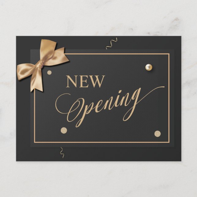 Modern Gold Ribbon Black NEW Opening Invitation Postcard (Front)