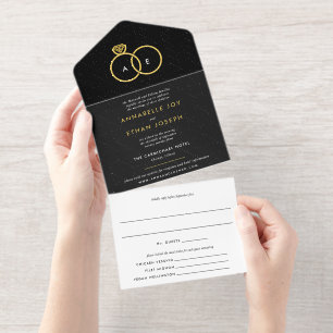 Modern Gold Ring Monogram Black and White Wedding All In One Invitation