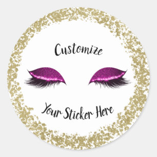 Modern Gold Ring Pink Glitter Makeup Eyelashes Classic Round Sticker