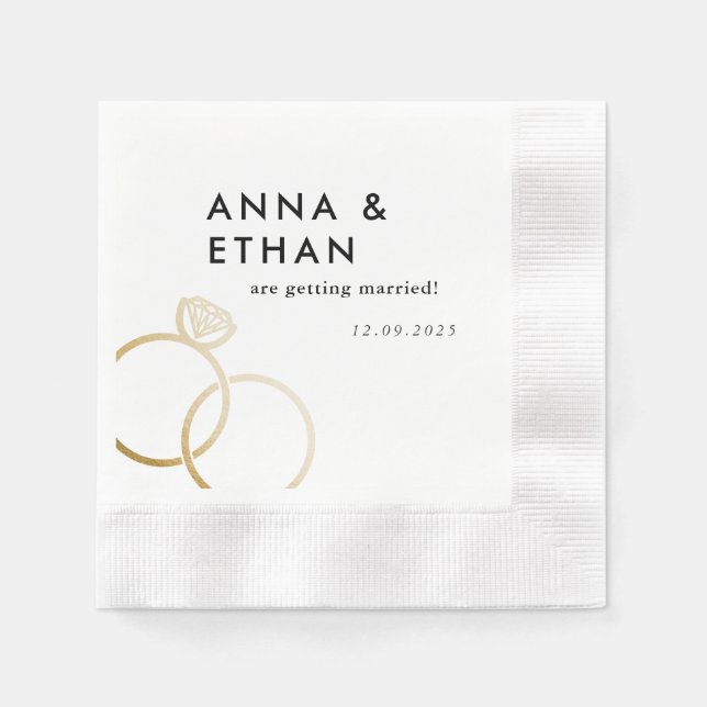 Modern Gold Rings Black and White Engagement Napkins (Front)