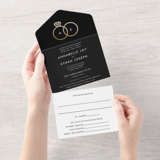 Modern Gold Rings Black and White Wedding All In One Invitation