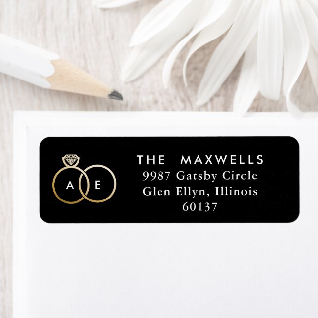 Modern Gold Rings Black and White Wedding Label (Insitu)