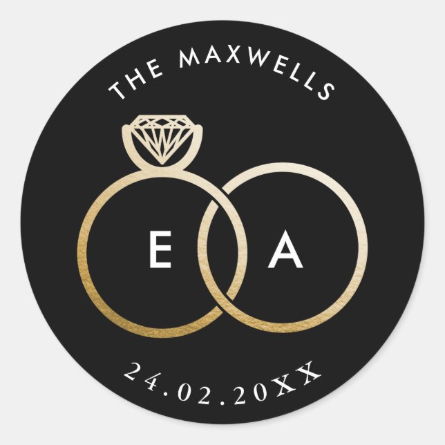Modern Gold Rings on Black Custom Wedding Sticker (Front)
