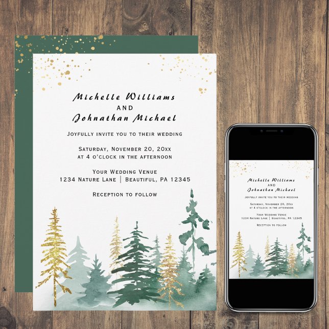 Modern Gold Sage Green Pine Trees Forest Wedding Invitation (Creator Uploaded)