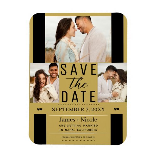 Modern Gold Save the Date 3 Photo Wedding  Magnet