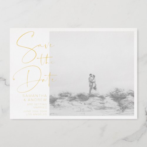 Modern gold save the date chic typography photo foil invitation