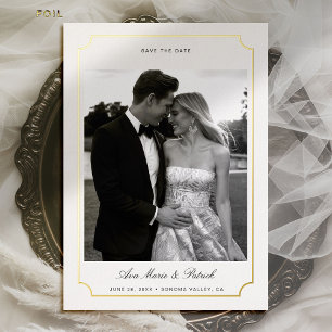 Modern Gold Scallop Frame Photo Wedding Save Date Foil Invitation