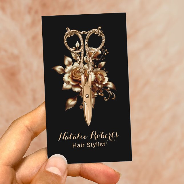 Modern Gold Scissor Flower Hair Stylist Salon SPA Business Card (Creator Uploaded)