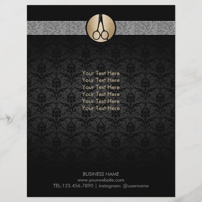Modern Gold Scissor Logo Damask Hair Stylist Flyer (Front)
