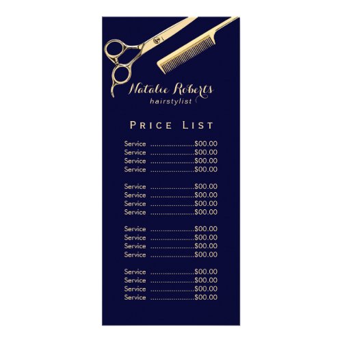 Modern Gold Scissor Navy Hair Salon Price List Rack Card
