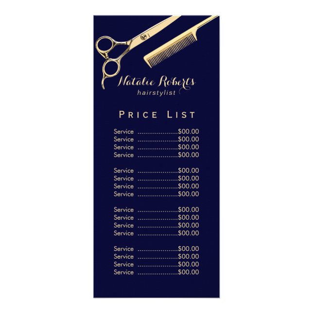 Modern Gold Scissor Navy Hair Salon Price List Rack Card (Front)