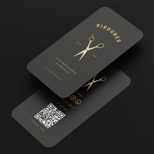 Modern Gold Scissors Barbershop QR Business Card