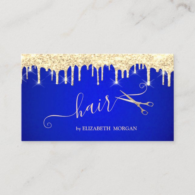 Modern Gold Scissors Gold Glitter Drips Royal Blue Business Card (Front)