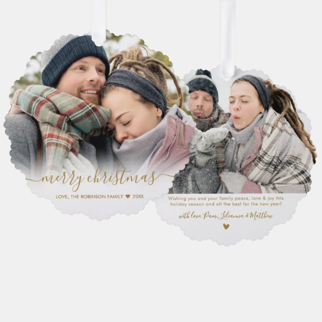 Modern Gold Script 2 Couple Photo Christmas Ornament Card (Front/Back)