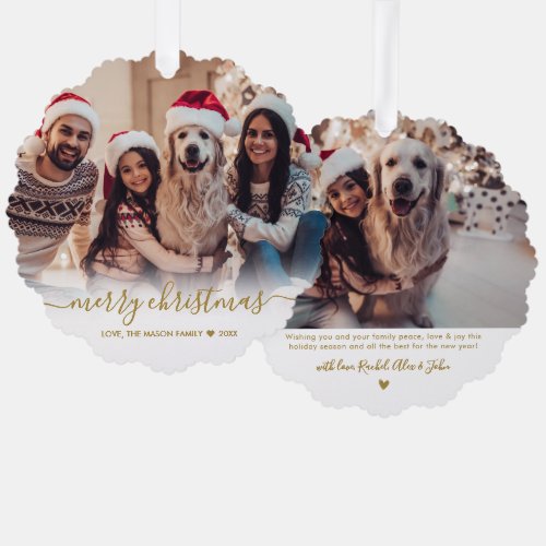 Modern Gold Script 2 Family Photo Christmas Ornament Card