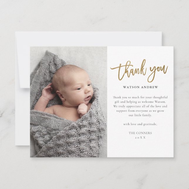 Modern Gold Script 2 Photo Baby Thank You Card (Front)