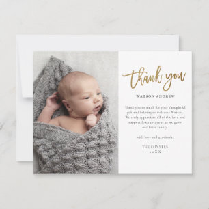 Modern Gold Script 2 Photo Baby Thank You Card