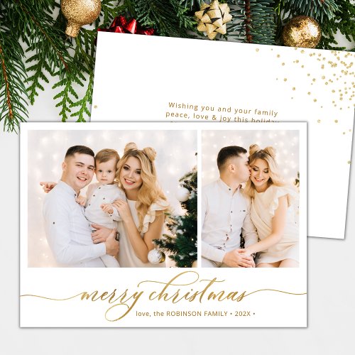 Modern Gold Script 2 Photo Collage Christmas  Holiday Card