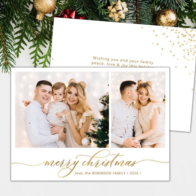 Modern Gold Script 2 Photo Collage Christmas  Holiday Card (Creator Uploaded)