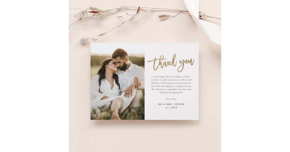 Modern Gold Script 2 Photo Wedding Thank You Card | Zazzle
