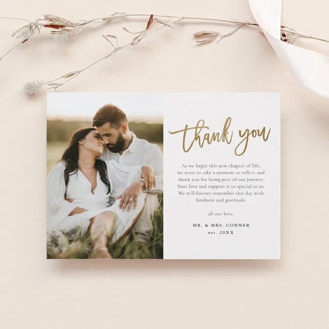 Modern Gold Script 2 Photo Wedding Thank You Card | Zazzle