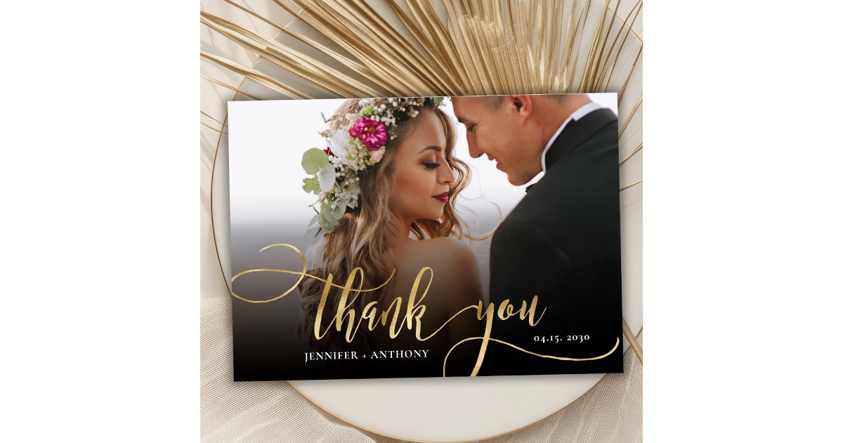Modern Gold Script 2 Photo Wedding Thank You Card | Zazzle