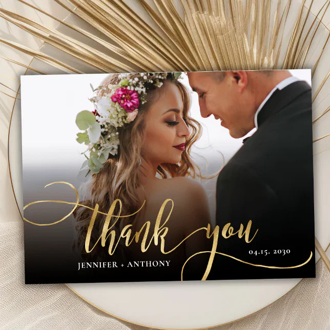 Modern Gold Script 2 Photo Wedding Thank You Card | Zazzle