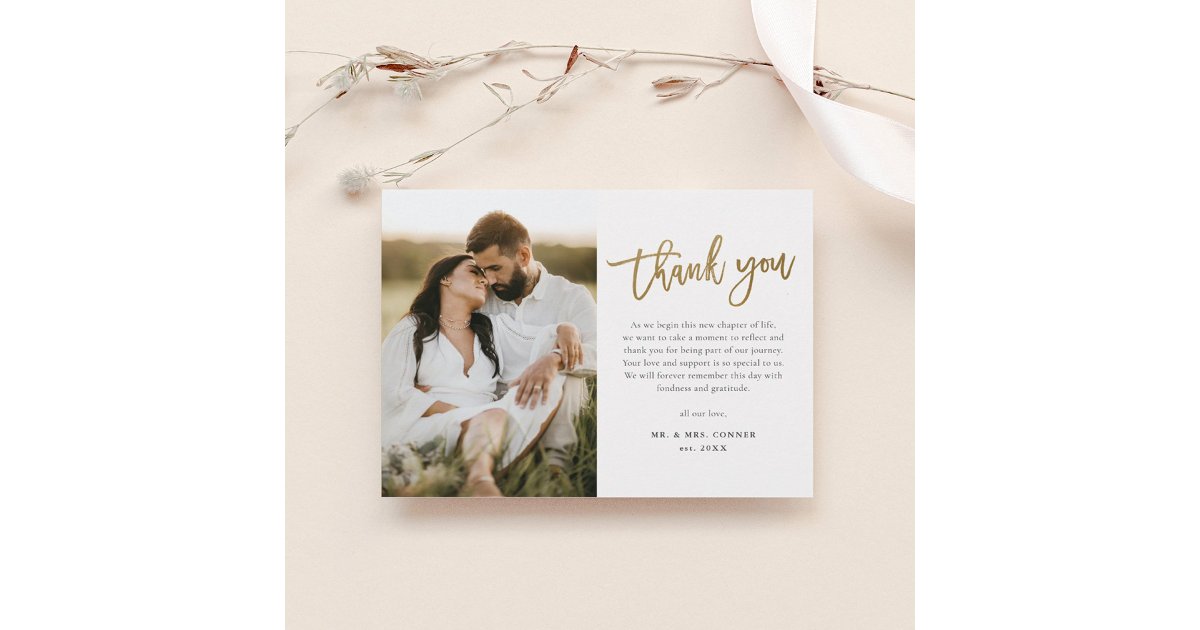 Modern Gold Script 2 Photo Wedding Thank You Postcard | Zazzle