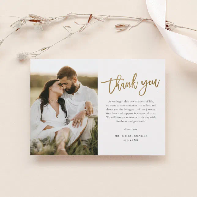 Modern Gold Script 2 Photo Wedding Thank You Postcard | Zazzle