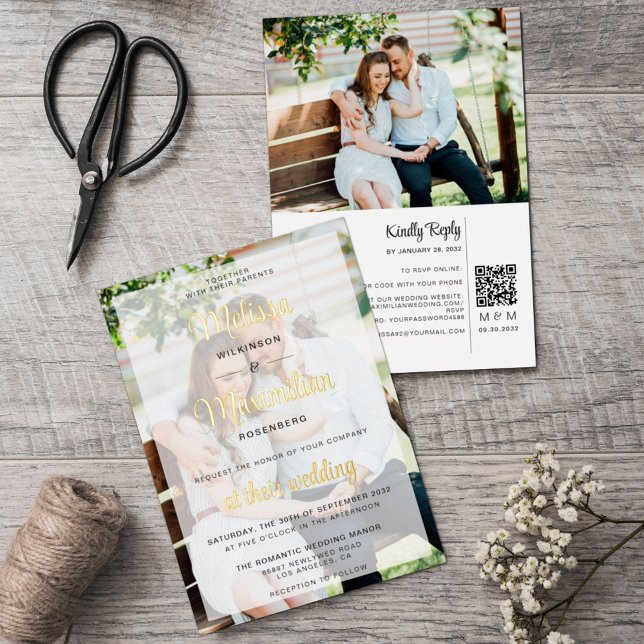 Modern gold script 2 photos QR Code online RSVP Foil Invitation (Creator Uploaded)