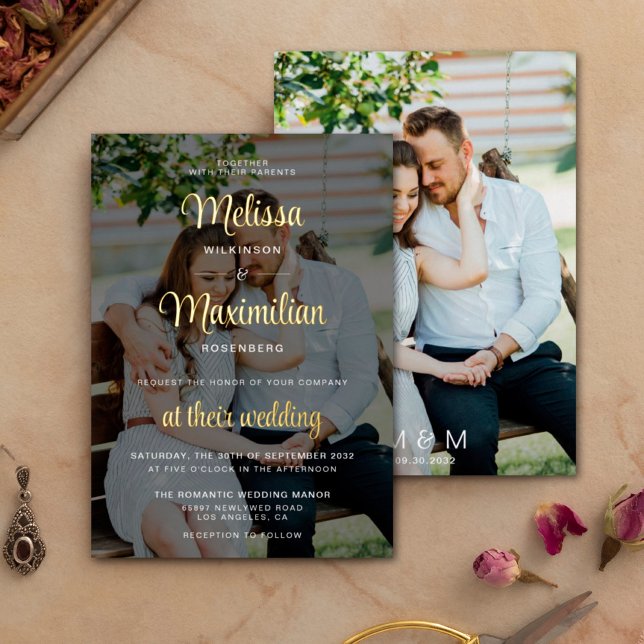 Modern gold script 2 photos wedding black overlay  foil invitation (Creator Uploaded)