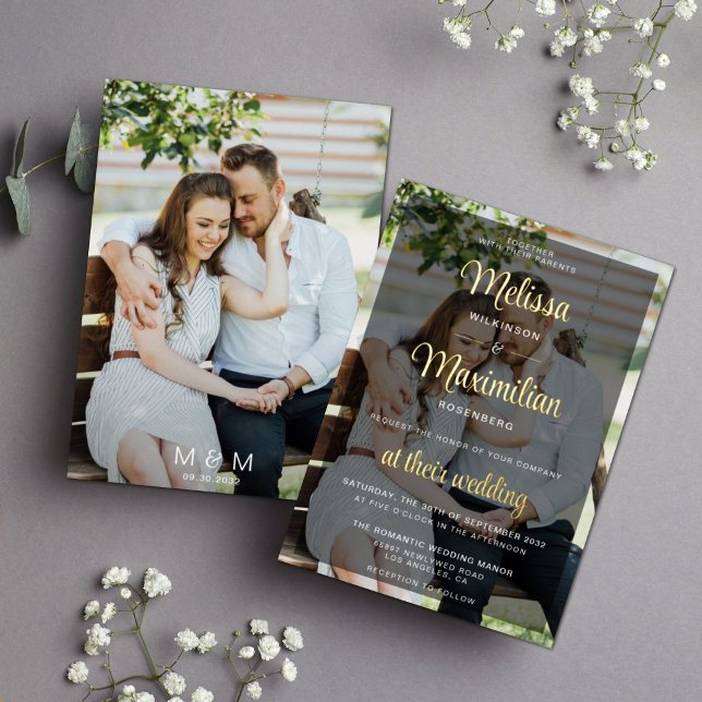 Modern gold script 2 photos wedding black overlay foil invitation (Creator Uploaded)