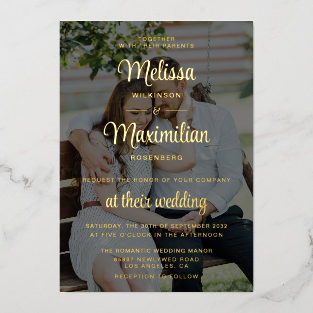 Modern gold script 2 photos wedding foil invitatio foil invitation (Front)