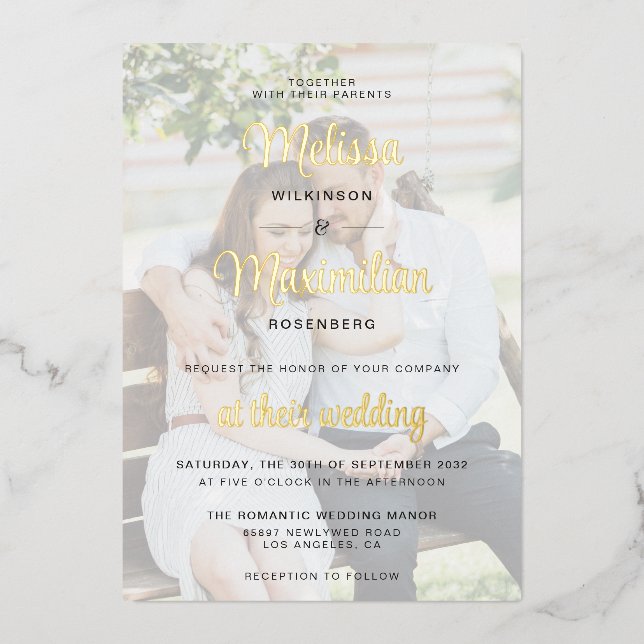 Modern gold script 2 photos wedding foil invitatio foil invitation (Front)