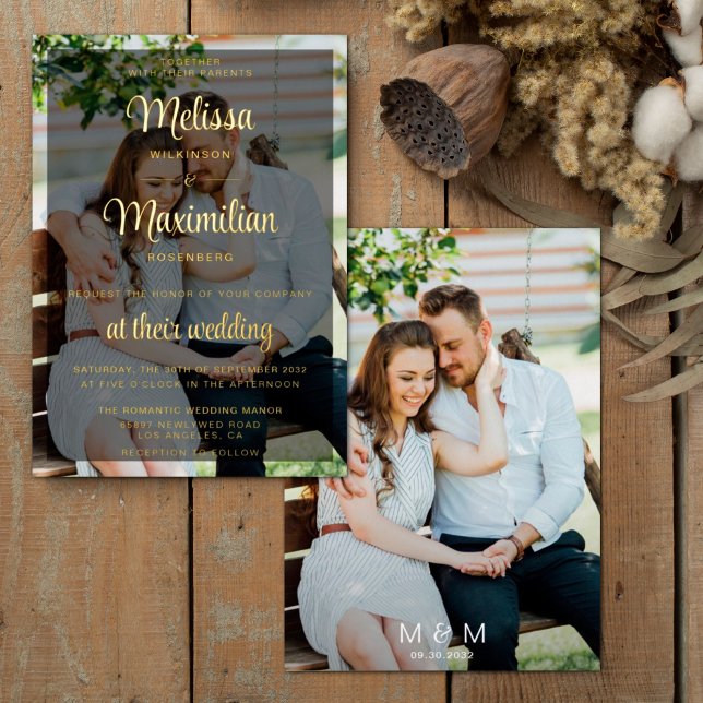 Modern gold script 2 photos wedding foil invitation (Creator Uploaded)