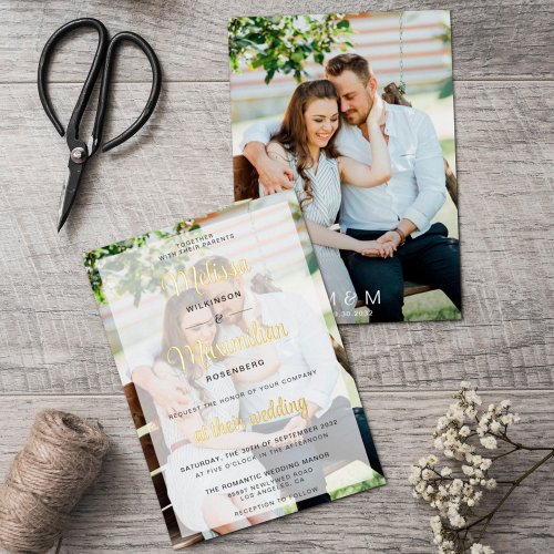 Modern gold script 2 photos wedding foil invitation