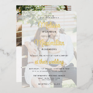 Modern gold script 2 photos with online RSVP gold Foil Invitation