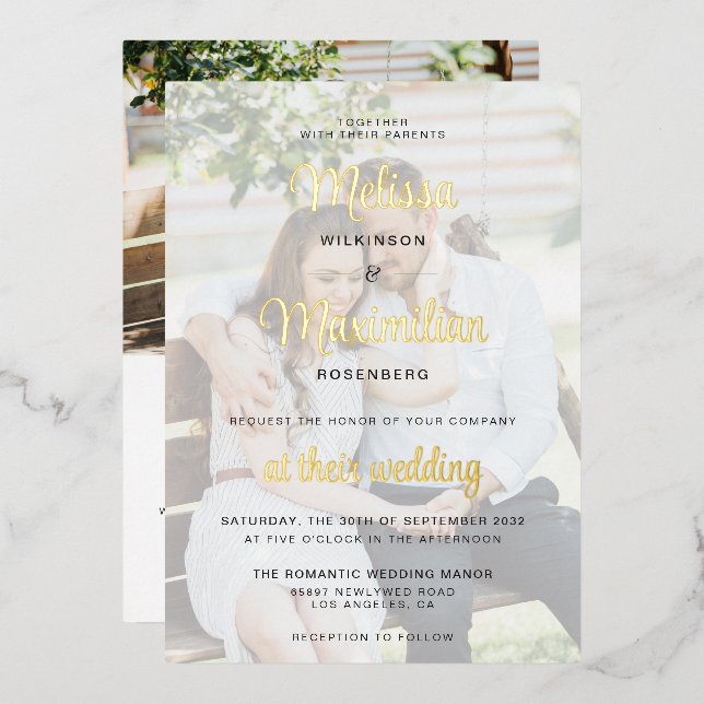 Modern gold script 2 photos with online RSVP gold Foil Invitation (Front/Back)