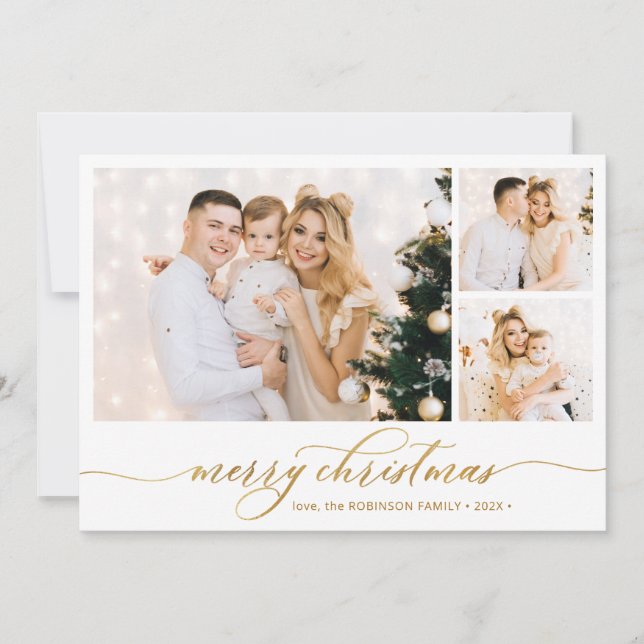 Modern Gold Script 3 Photo Collage Christmas  Holiday Card (Front)