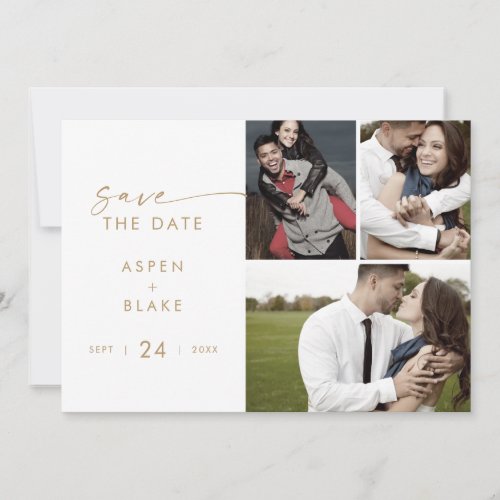 Modern Gold Script 3 Photo Collage Save The Date