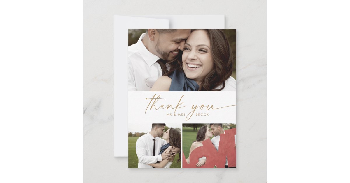 Modern Gold Script 3 Photo Collage Wedding Thank You Card | Zazzle
